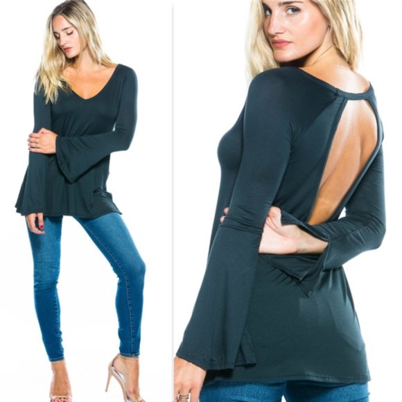 TOP DARK TEAL BELL SLEEVED TOP - Picture 1 of 4